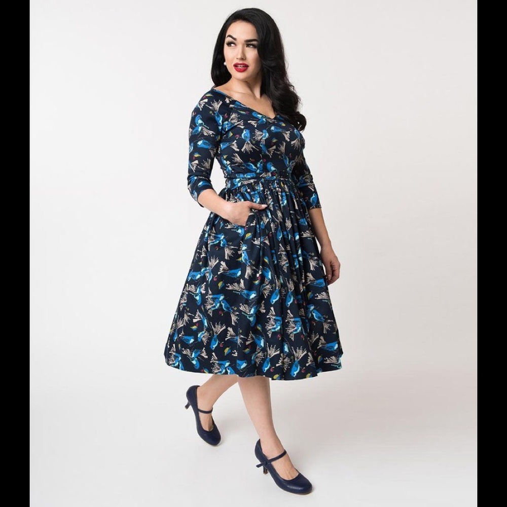 UNIQUE VINTAGE Blue Bird Retro Swing Dress M 6 8